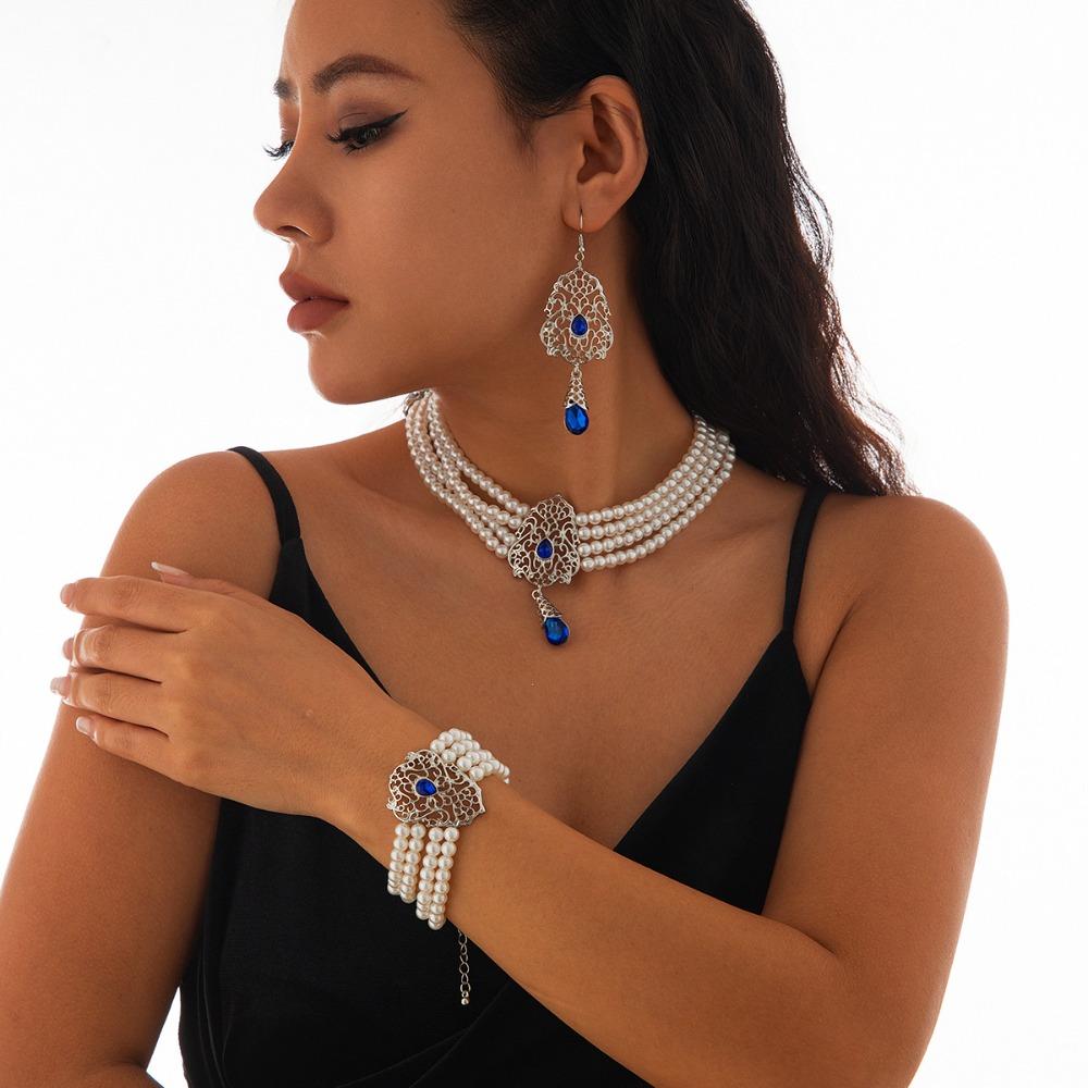 Multilayer Pearl Beaded Bracelet Shiny Necklace Earring Set Temperament Bridal Jewelry Set  Lady