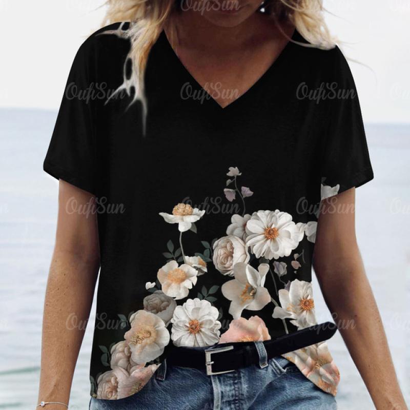 2024 Women T Shirt Summer Floral T-Shirt Plus Size Women's Clothing Oversized Designer Short Sleeve Shirt Women V Neck Blouse