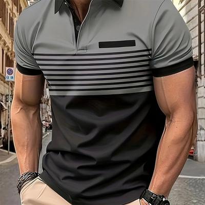 Top Men's Color Block Short Sleeved Collar Golf Shirt, Casual Style Slightly Elastic Slim Fit Summer