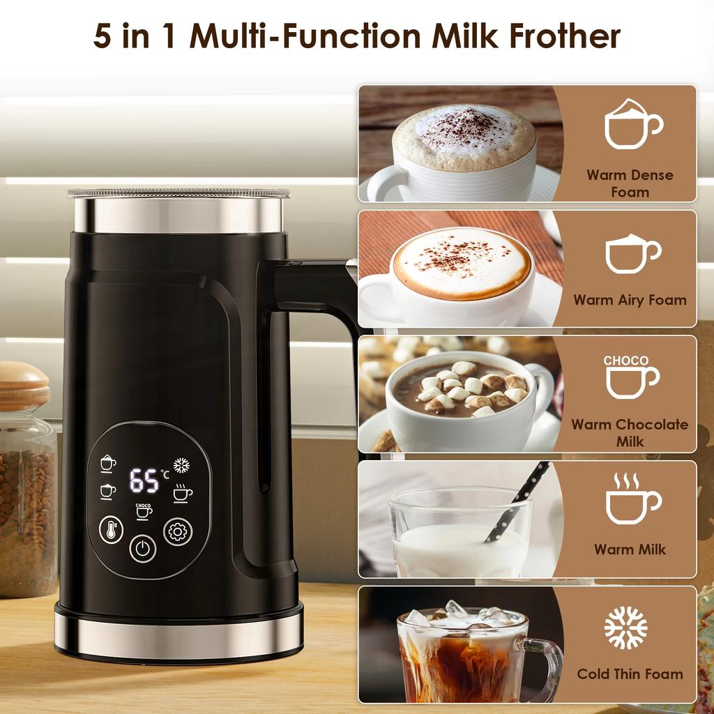 5-in-1 Milk Frother with Upgraded LED Display Touch Screen Hot And Cold Foam Maker Milk Warmer for Coffee Latte