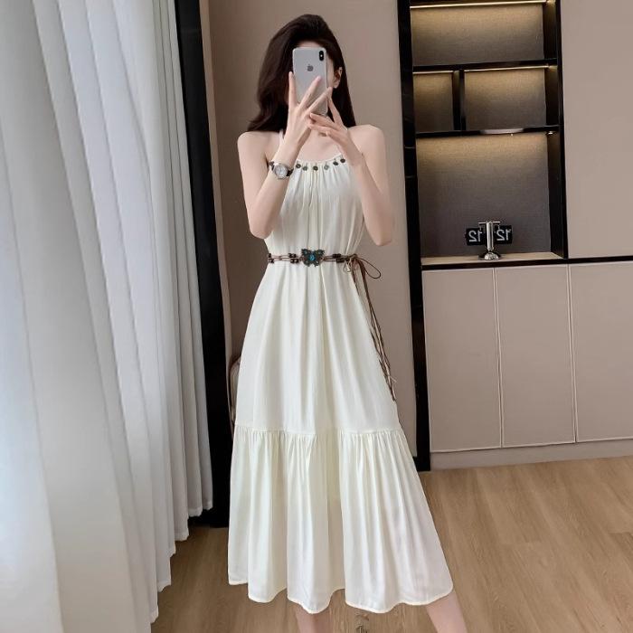 Seaside vacation style suit temperament waist suspender dress women's summer knitted hollow cardigan top two-piece set
