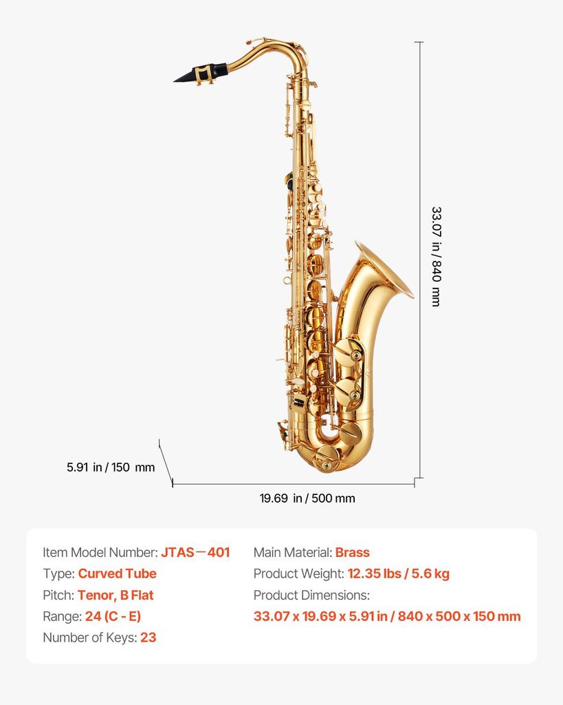 VEVOR Tenor Saxophone, B Flat, Professional Brass Saxophone Beginner Kit with Carrying Case, Mouthpiece, Straps, Cleaning Cloth, Gloves, Neck Strap