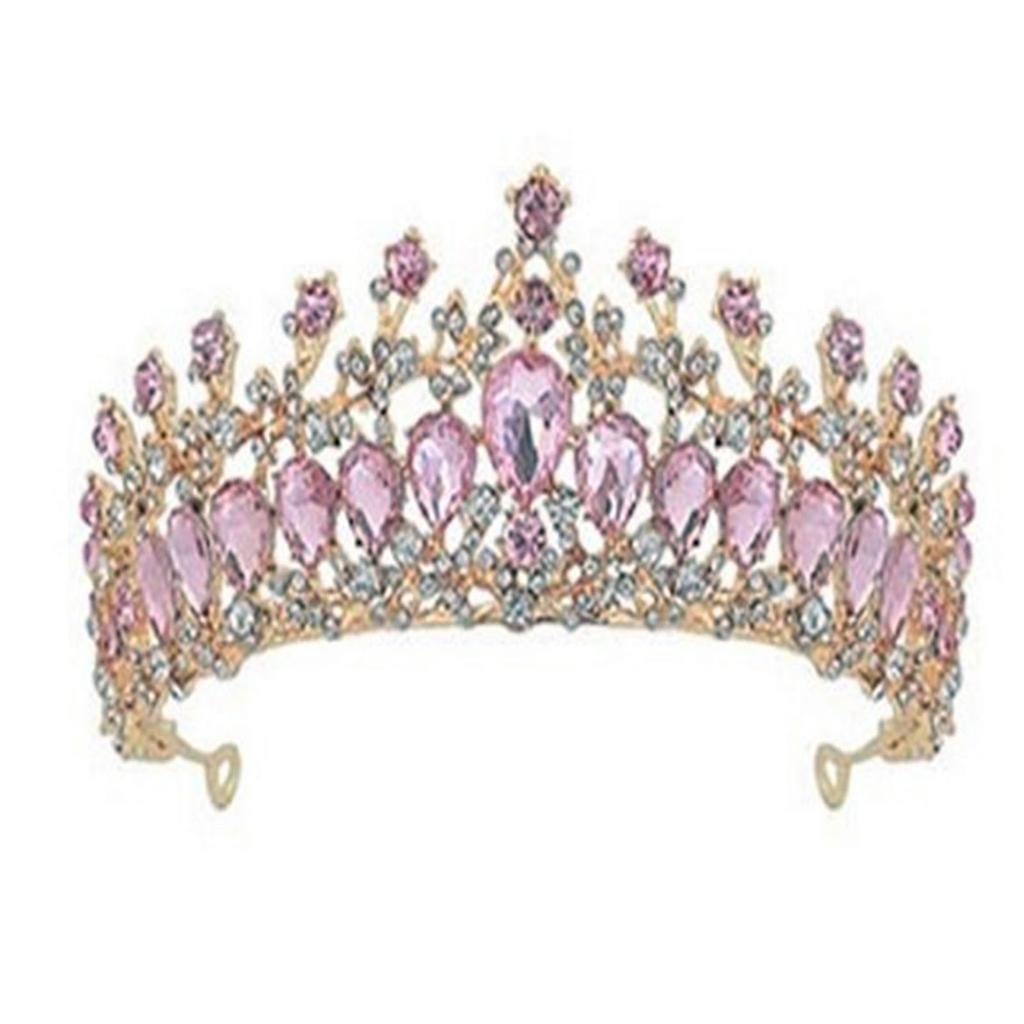 Women Wedding Crown Bride Alloy Rhinestone Crown Hair Accessories for Prom Costume Party Pink and Gold