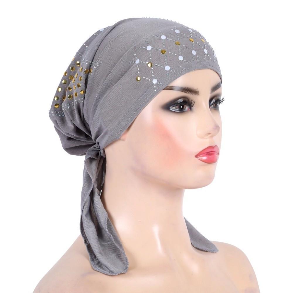 Fashion Gold Sequins Turban Hijab Cotton Solid Color Pull On Headwrap Breathable Soft Headscarf Hat