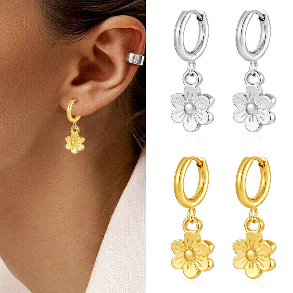 Sunflower Earring Hoop Dangle Stainless Steel Earrings for Women Tassel Charms Round Ears Piercing Accessories Fashion Zircon