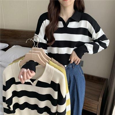 Women's Striped Polo Collar Knitted Sweater, Small Size, Autumn Long-Sleeved Loose Fit