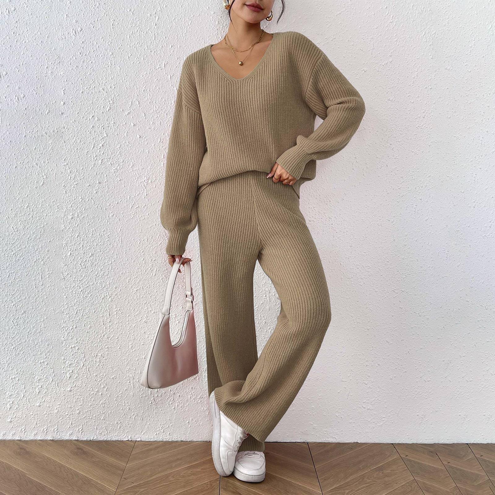 

Женский Повседневный Модный Вязаный Шерстяной Комплект V-образный Вырез Свободный Топ + Однотонные Прямые Брюки с Широкими Штанинами Свитер Комплект из Двух Предметов XL верблюд