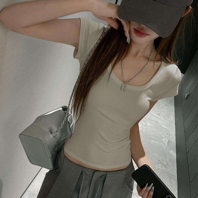 Modal low u-neck threaded front shoulder short-sleeved women's t-shirt summer women's clothing high-end Korean Spice Girl bottoming slim top