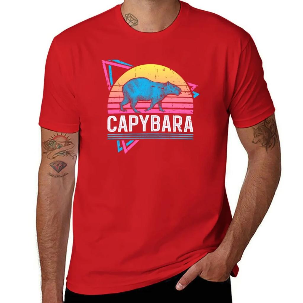 Capybara Retro Neon 80's Style Cool Funny Vaporwave T-Shirt Anime Tshirt Heavyweights Basketball Graphic Tees Men Workout Shirt