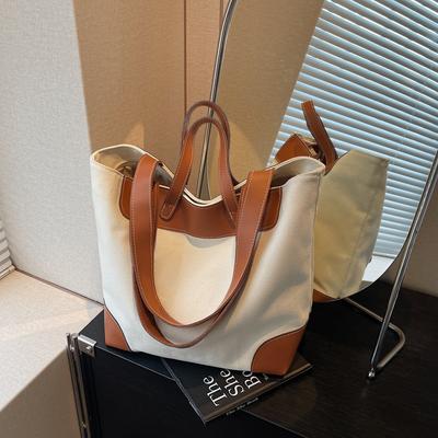 Women's Canvas Bag Large Capacity Shoulder Bag Contrast Color Tote Bag