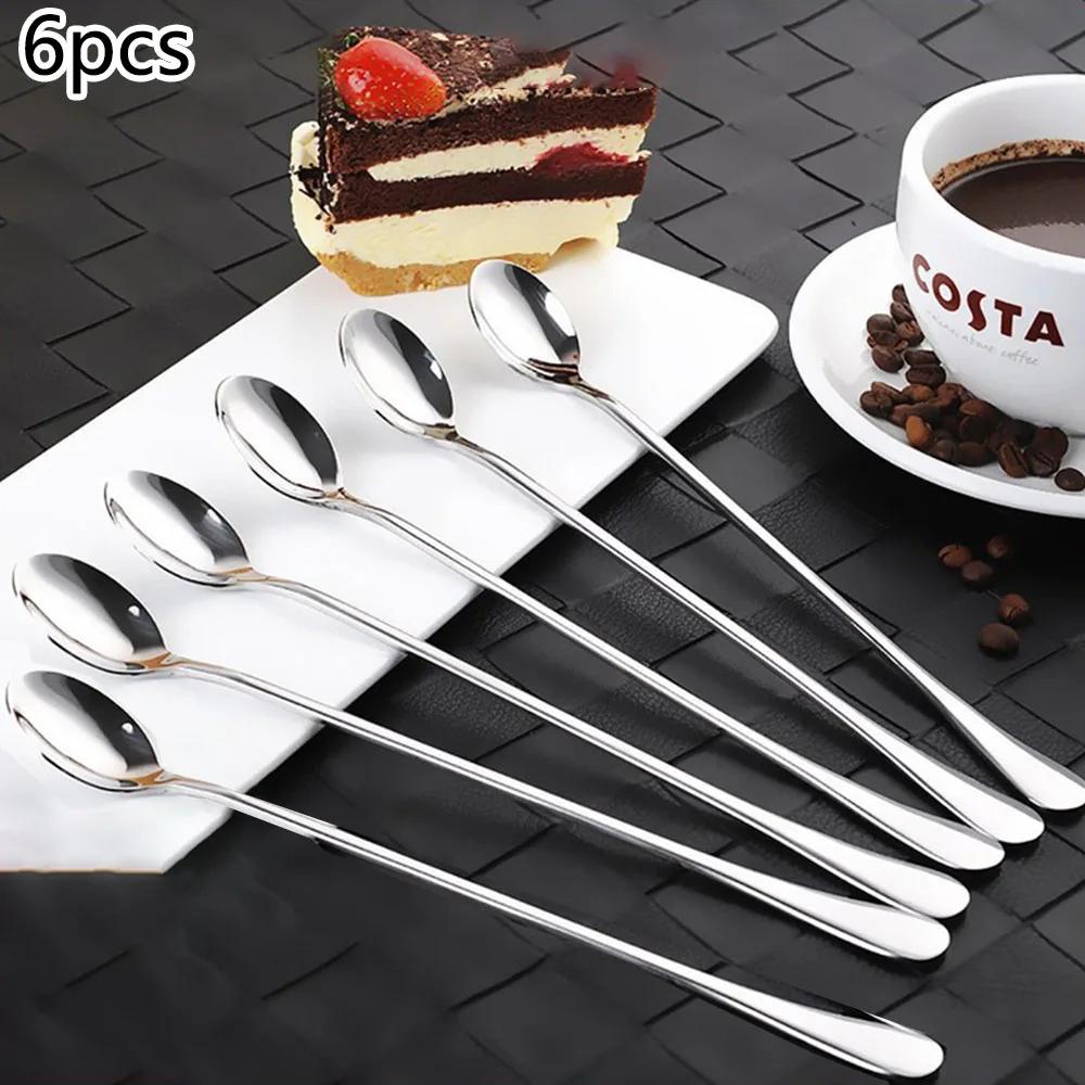 6 Piece Stainless Steel Coffee Spoon Long Handle Ice Cream Dessert Tea Spoon 19.5x2.8 Cm Suitable for Picnic Tableware