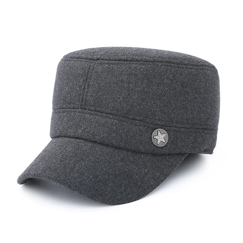 ZHENYUEQI Wool Felt Winter Ear Flap Flat Top Hat with Five-Star Emblem Adjustable