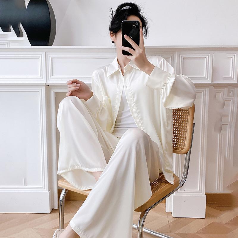 1011 new pajamas women's spring and autumn ice silk long-sleeved large-size suit summer solid color high-end wide-leg pants loungewear