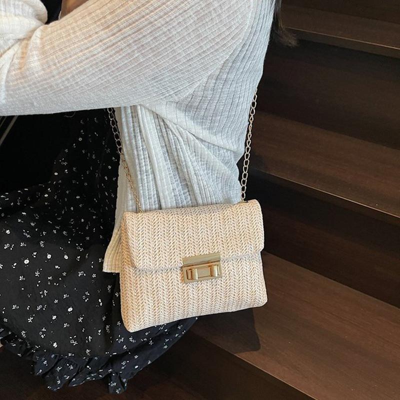 Buckle Closure Chain Crossbody Shoulder Bag Sweet Raffia Woven Women Sling Bag Solid Color Lightweight Beach Travel Purse