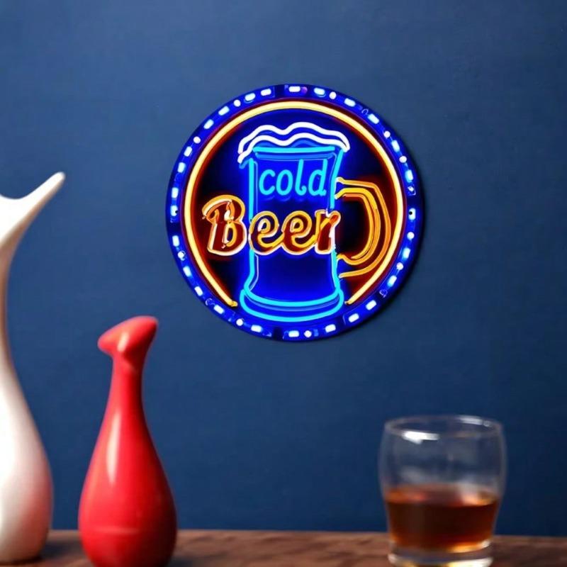 Neon Iron Wall Art Aluminum Sign Round Home Bar Decor Easy Installation