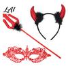Red Black Devil Outfit Accessories Horns Headband Pitchfork Lace Eye Masque Set Halloween Dark Style Costume for Party Demon Adults Masquerade