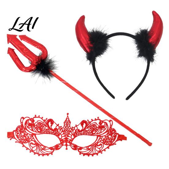 Red Black Devil Outfit Accessories Horns Headband Pitchfork Lace Eye Masque Set Halloween Dark Style Costume for Party Demon Adults Masquerade