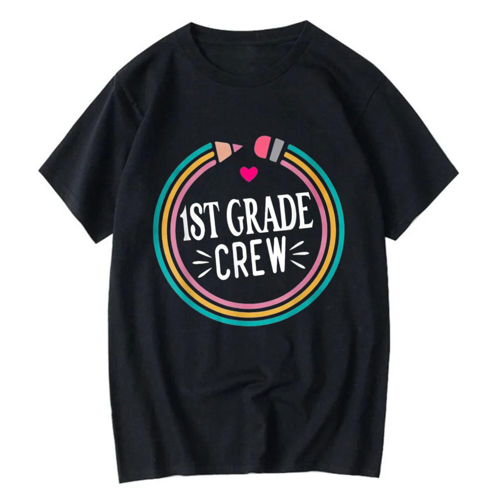 st Grade Crew Rainbow Circle Pencil Heart Graphic TShirt Teacher Student Back To School Casual Cotton Short Sleeve Basic Tops