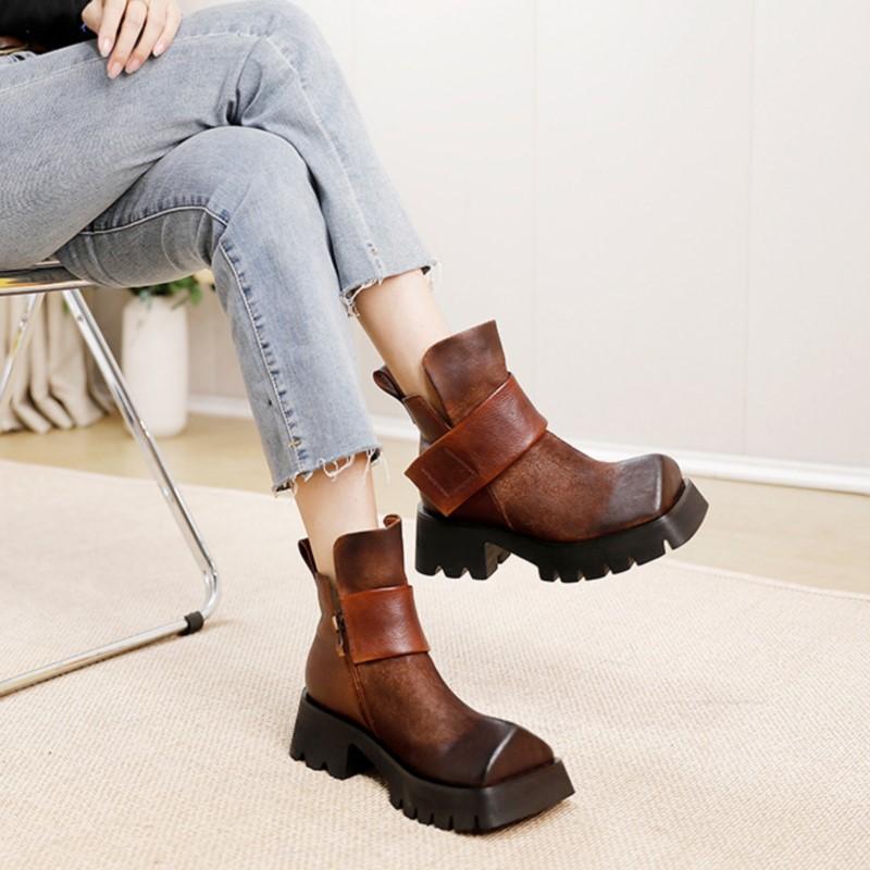 Johnature Genuine Leather Square Toe Short Boots Retro Thick Sole Thick Heels Women's Shoes