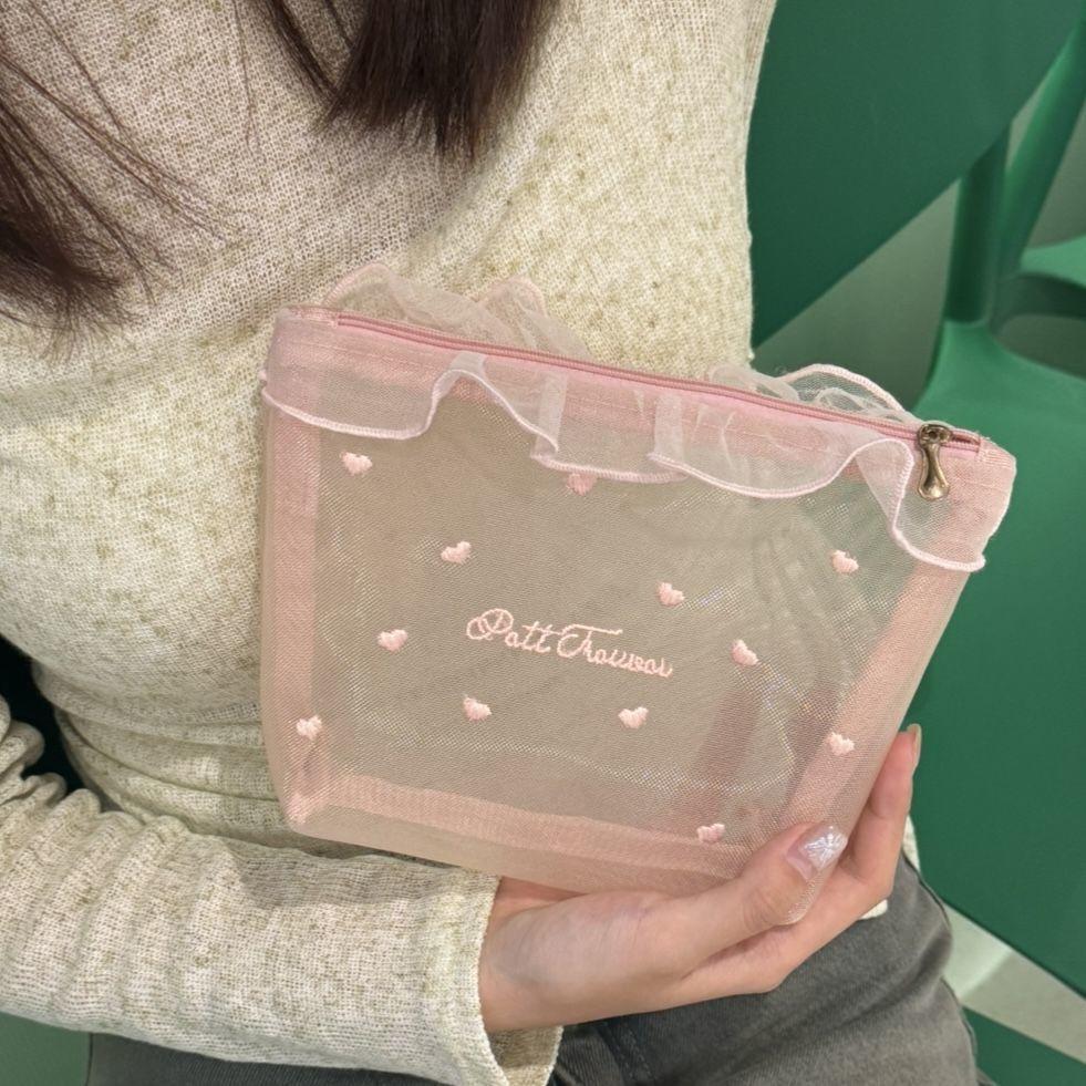 Cute Heart Embroidery Mesh Pouch, Portable Cosmetic and Tissue Bag, Sweet Style Storage Organizer for Girls, Travel and Daily Use