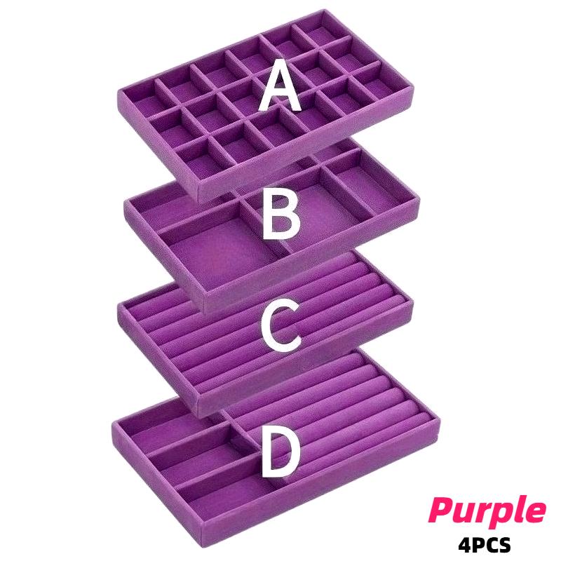 4 Pack Velvet Jewelry Organizers Featuring Multi-Section Display Board for Rings Earring Bracelet Necklaces Brooches and Watches