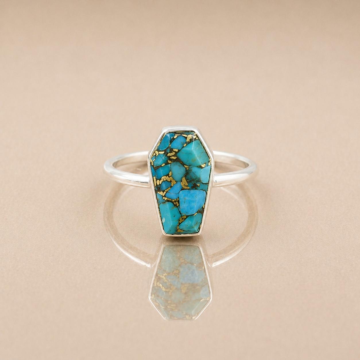 

Blue Copper Turquoise Coffin Statement Ring, 925 Sterling Silver Jewelry, Handmade Minimalist Ring 4 серебряный