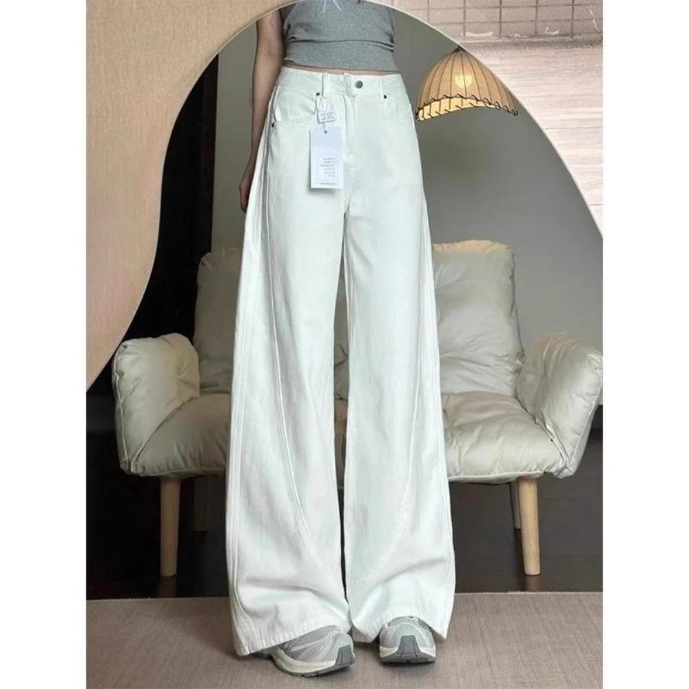 Women's High Waist Wide Leg Jeans Loose Fit Vintage Washed Slight Stretch White Panel Stitch Baggy Denim Trousers