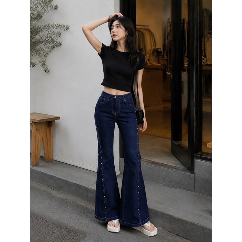 Summer high-waisted and slightly pulled jeans women's thin and high side rivet design sense retro Hong Kong style versatile trousers