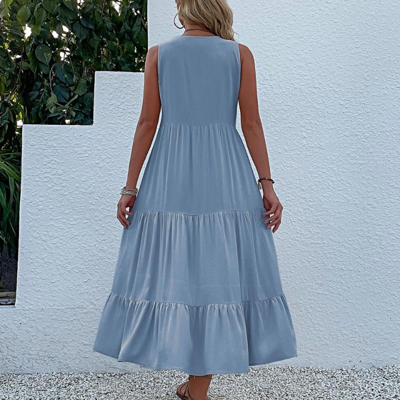 Robe débardeur d'été pour femmes, sans manches, plissée, ample, col en v, robes mi-longues