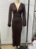 V-Neck High-Waist Slimming Long-Sleeve Evening Dress for Women