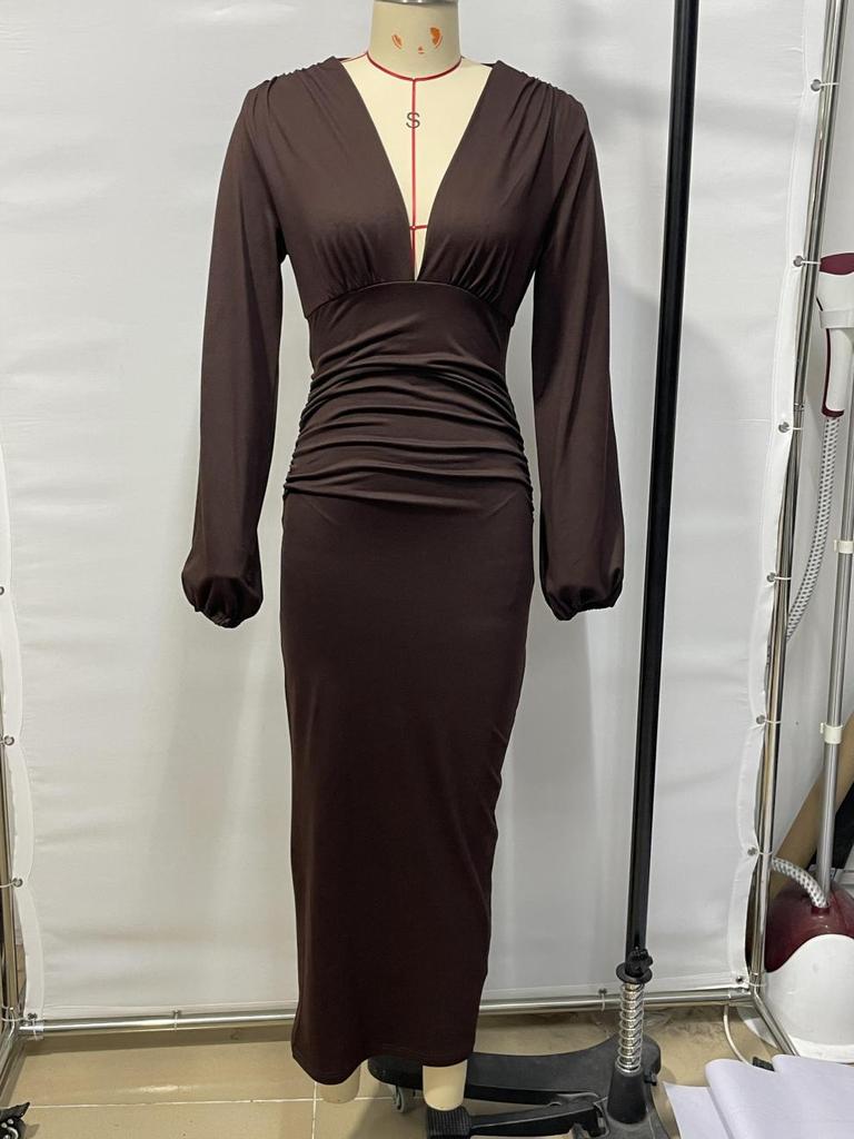 V-Neck High-Waist Slimming Long-Sleeve Evening Dress for Women