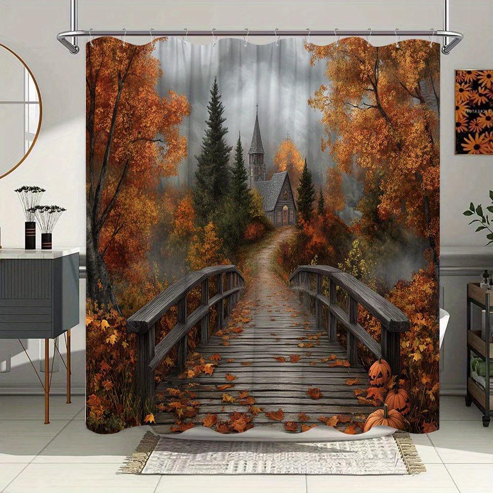 

1pc Autumn Church Bath Curtain - Stone Steeple, Wooden Bridge, Orange/Red Foliage & Carved Pumpkins Design, Moody Misty Atmosphe 90x180cm