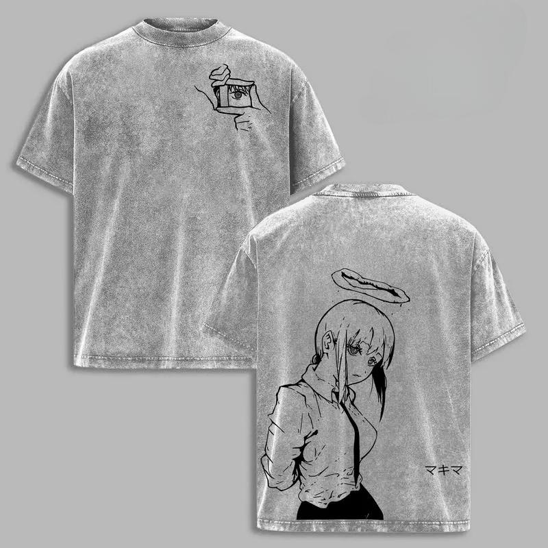 Anime Chainsaw Man Makima Printed Tee Men Women Short Sleeve Cotton Tshirts Vintage Washed T-shirt Harajuku Oversized T Shirt