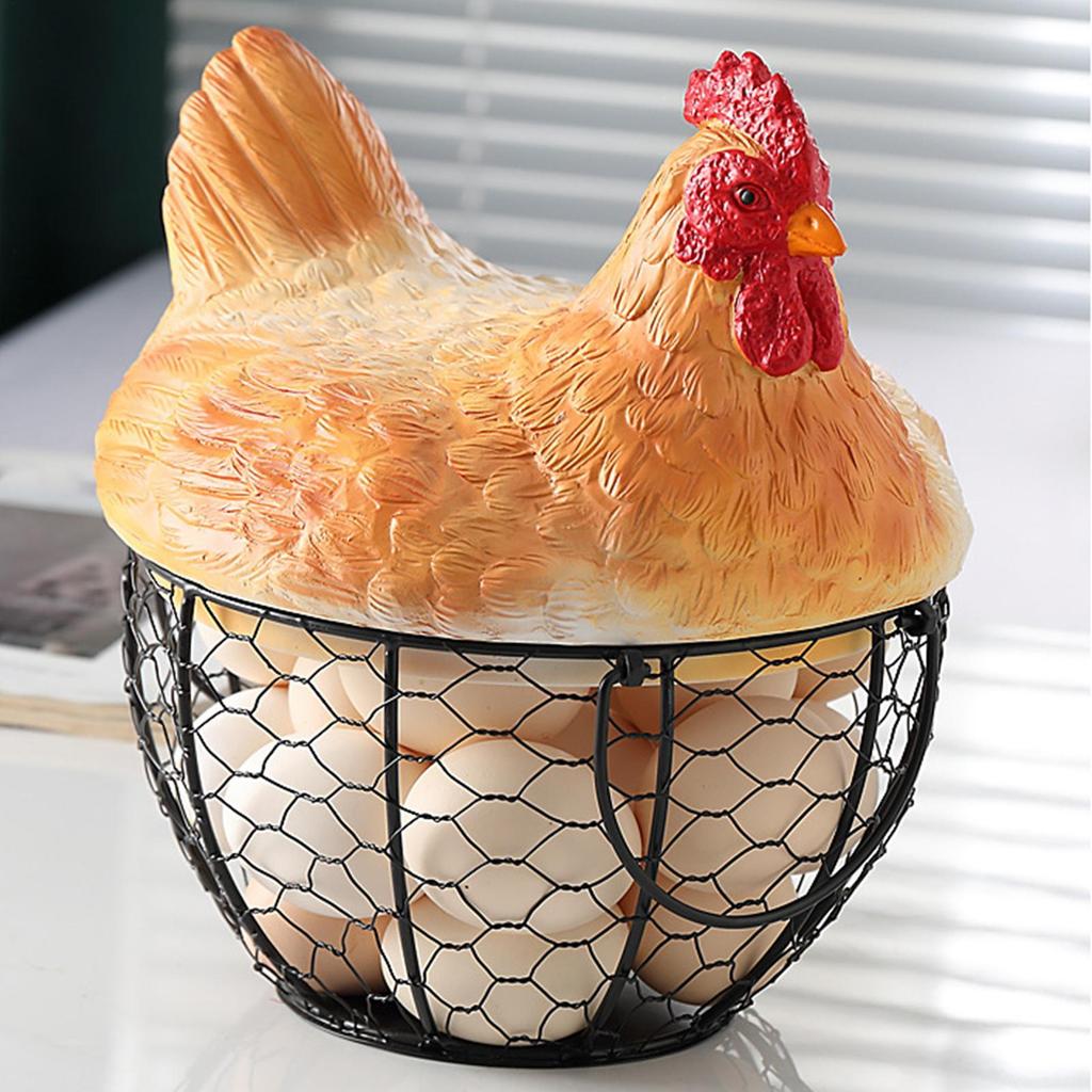 Egg Basket Vintage Metal Storage Holder Egg Gathering Basket with Hen Lid for Fruit Snack Farmhouse Kitchen Desktop Farm Easter