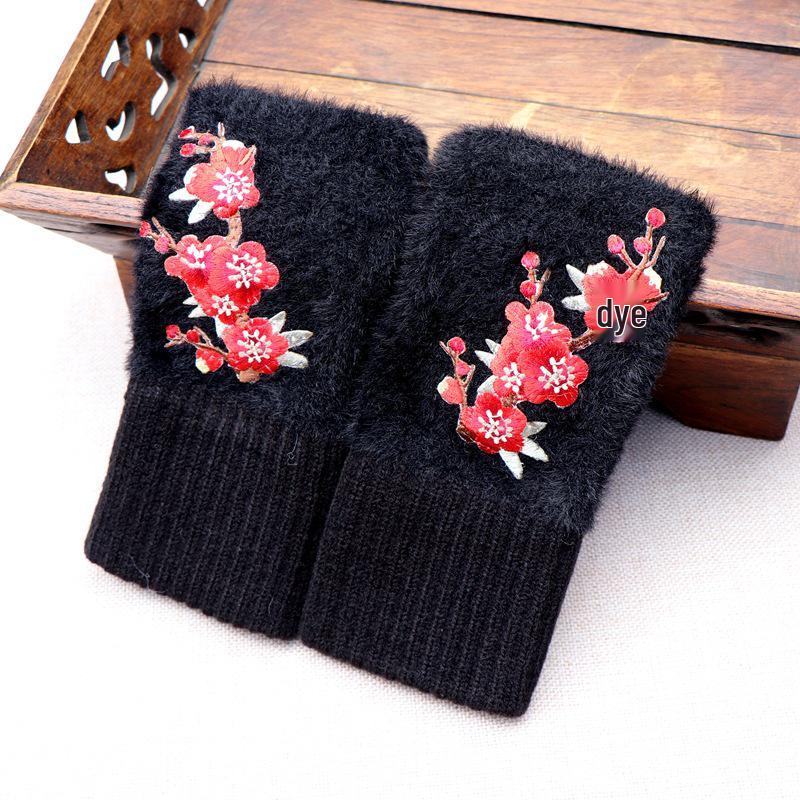 Embroidered Ethnic Style Half-Finger Warm Gloves for Autumn & Winter