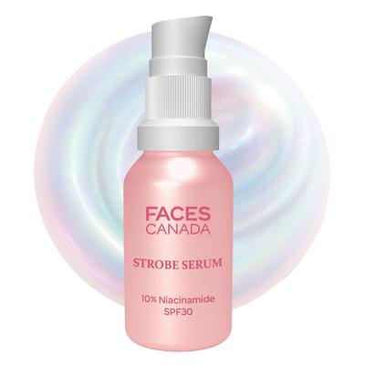 FACES CANADA Strobe Sérum Mini - 15ml | Rozjasňujúce sérum + Strobe krém + Opaľovací krém SPF 30 | 10% Niacínamid | Odstraňuje tmavé škvrny & Hyperpigmentáciu