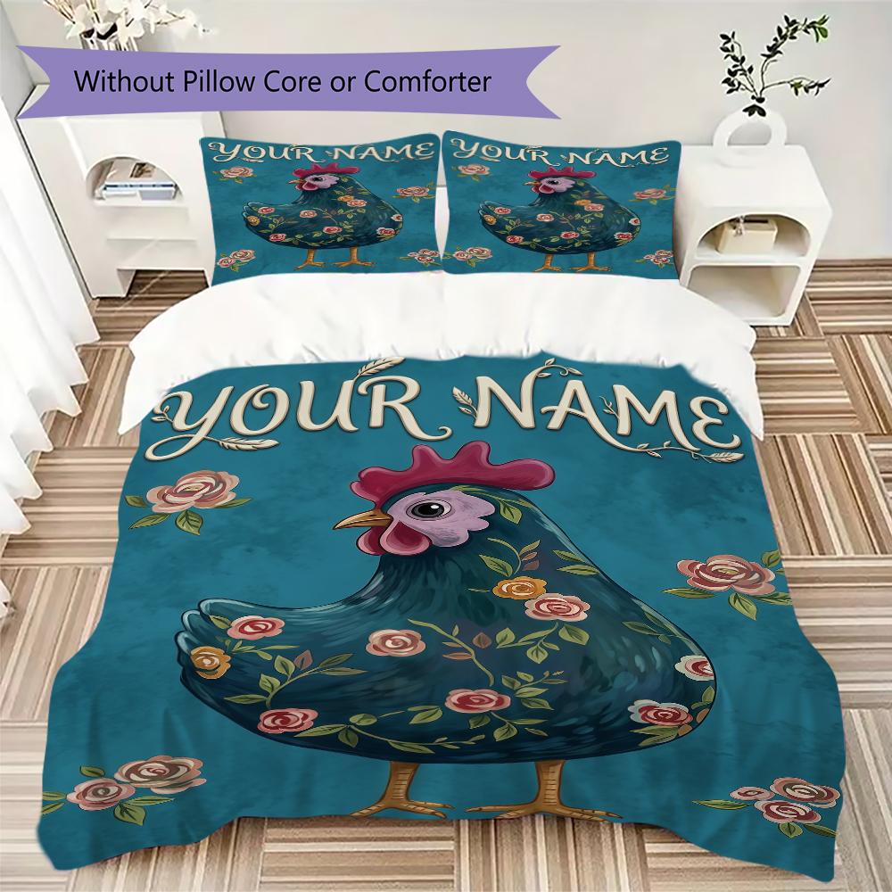Custom Name Chickens Polka Dots Bedding,Quilt Set Quilt Cover Pillowcase Home Birthday Gift(1 * Duvet Cover + 2 * Pillowcase, Without Core)_lx