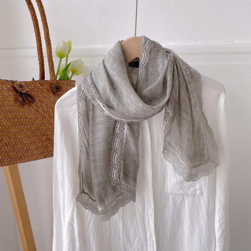 Retro Tie-dye Lace Edge Cotton and Linen Scarf Women's Spring Autumn Versatile Summer Thin Sunscreen Small Shawl with Short Yarn