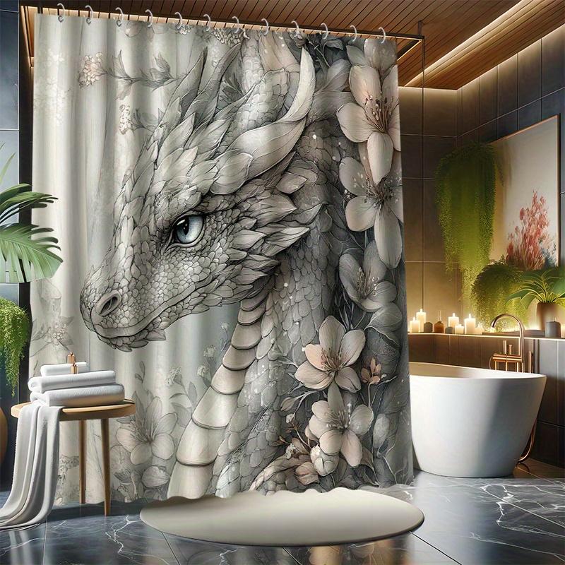 White Dragon & Floral Shower Curtain Set -Fantasy Cartoon Theme,Water-Resistant Polyester,Machine Washable,Modern Bathroom Decor