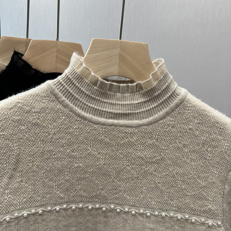 Pulover de damă de toamnă și iarnă cu mărgele pentru unghii, călduros, dintr-o singură piesă, din catifea, cu gât semi-înalt și bază tricotată cu bordură groasă din dantelă
