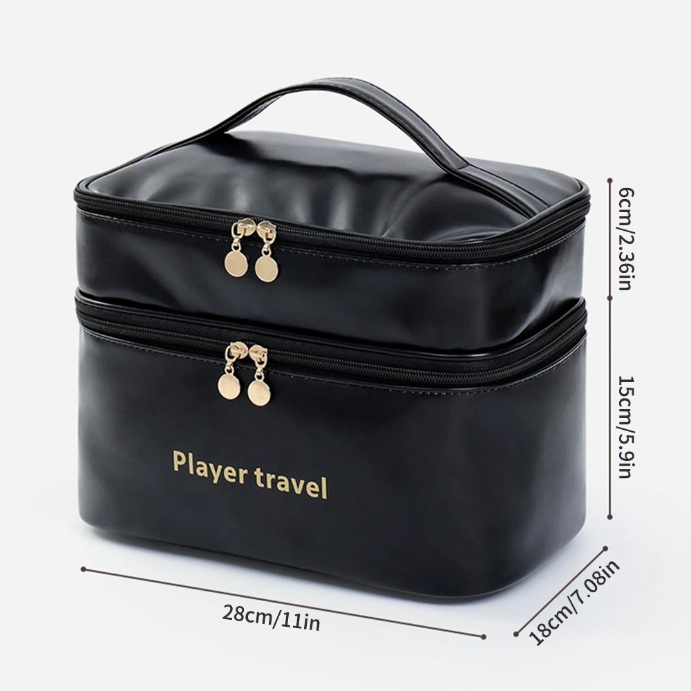 Light Luxury Fashion PU Double-Layer Makeup Bag Travel Large Capacity Toiletry Skincare Storage Bag Essential Travel Accessories