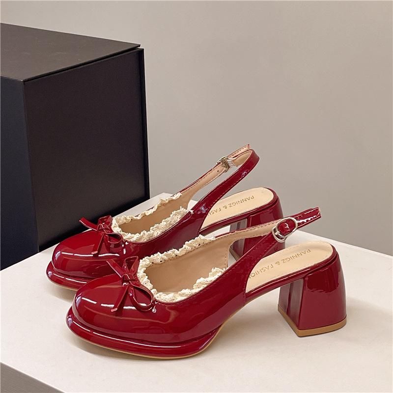 French niche design sense bow with lace thick heel cool slippers women's summer fashion high heel word with sandals