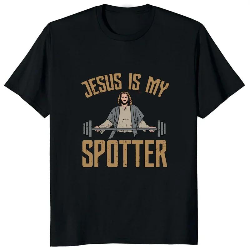 Fun Humor Weight Lifting GYM Unisex TShirt Casual Fashion Streetwear Tee Funny Jesus Is My Spotter Printed Graphic Unisex Tshirt S
