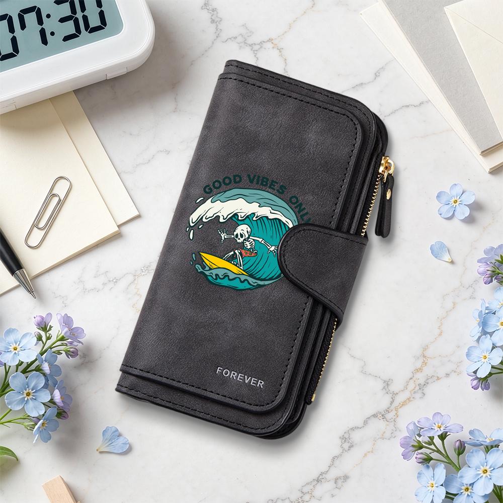 Good Vibes Only Skeleton Surfing Long Wallet Forever Stylish Durable Card Holder Purse for Daily Use