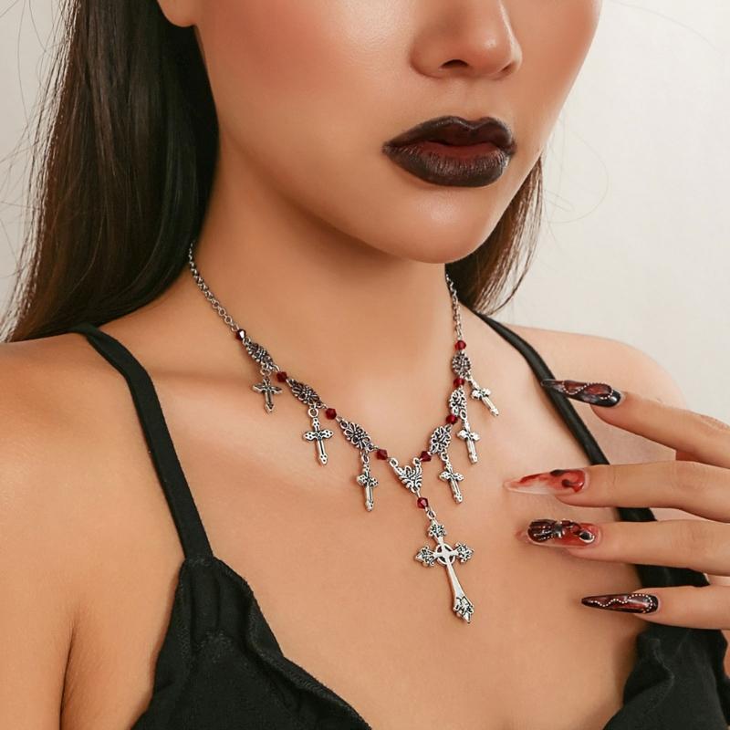 Punk Thorn Cross Pendant Necklace Dark Gothic Cross Fringe Choker Necklace for Women Unique Clavicle Chain Stylish Gift