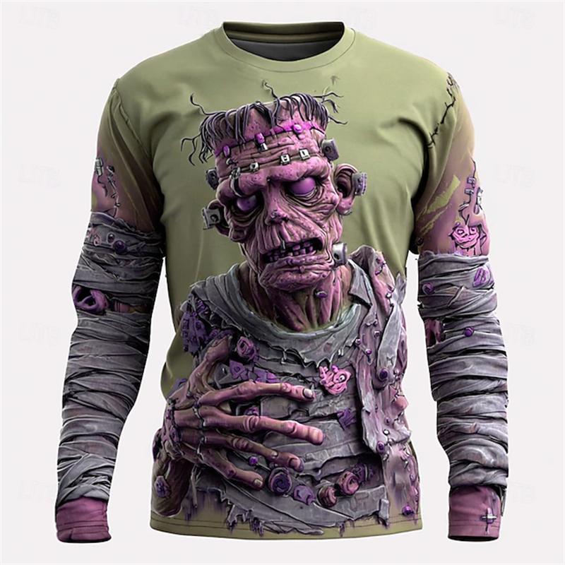 Monster Print Casual Men's Long-sleeved T-shirt Outdoor Vacation Round-neck Long-sleeved Spring and Autumn Clothing