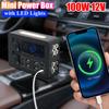 12V 100W Mini Power Box with LED Lights LCD Display Power Box USB-C & QC3.0 Ports Portable Control Hub for Outdoors RV Camping