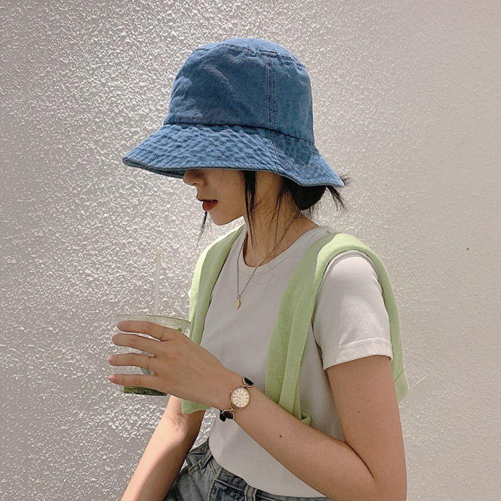 Big Brim Denim Bucket Hat Korean Style Panama Hat Simple Denim Fisherman Cap  Outdoor