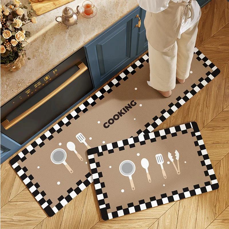 Fiber Leather Natural Rubber Kitchen Floor Mat, Soft Q-elastic Long Kitchen Mats Absorbs Water, Oil and Non-slip Foot Pads