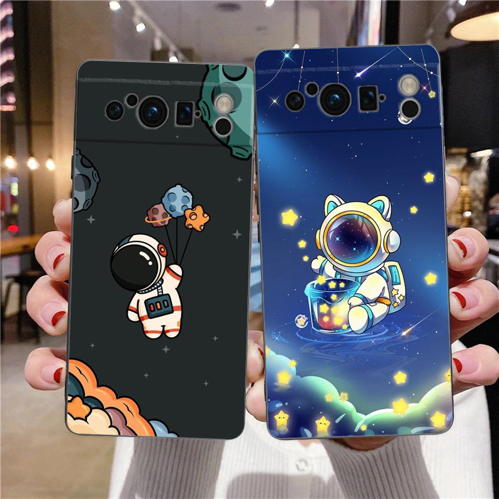 Cute Cartoon Astronaut For Google Pixel 8 7 6 Pro 6A 5G Black Phone Case Soft Shockproof Back Cover Silicone TPU Shell Coque